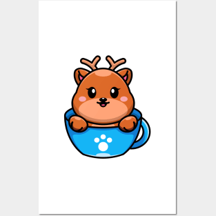 Cute deer on cup coffee cartoon Posters and Art